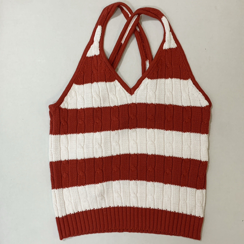 VTG 90s Women 100% Cotton Stripped‎ Cable Knit Halter Top Sz M Coastal Preppy